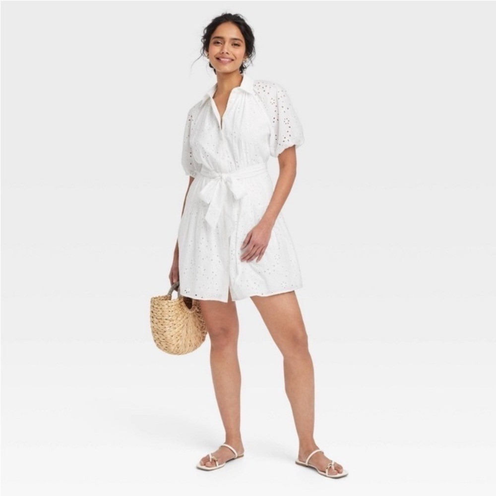 A New Day Eyelet Balloon Elbow Short Sleeve Mini Shirtdress M White Dress Puff‎